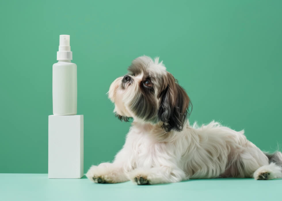 Hund liegt und schaut auf eine Flasche